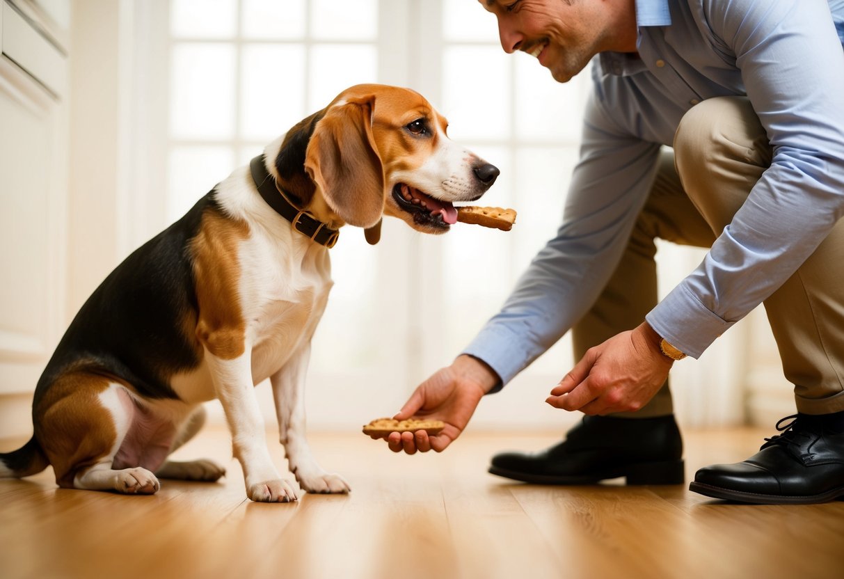 A beagle eagerly sits at its owner's feet, eagerly wagging its tail as it receives a treat for following a command