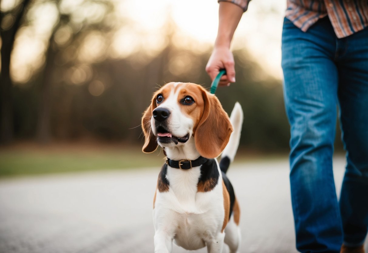 A beagle eagerly follows its owner, tail wagging, and seeking attention with a hopeful expression