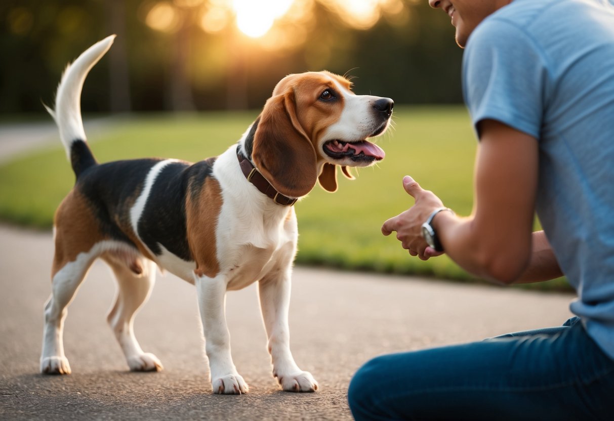 A beagle wagging its tail, approaching a stranger with a friendly expression