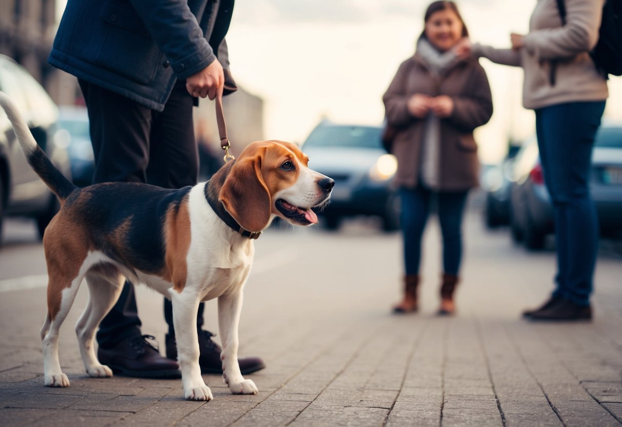 A beagle approaches a stranger with a wagging tail and friendly demeanor, seeking attention and affection
