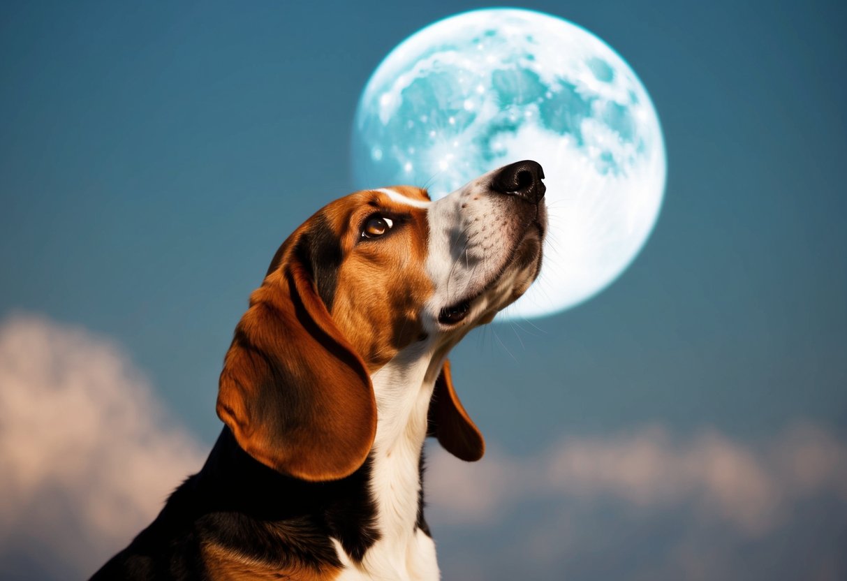 A beagle stares up at a full moon, howling with its head tilted back and ears perked up