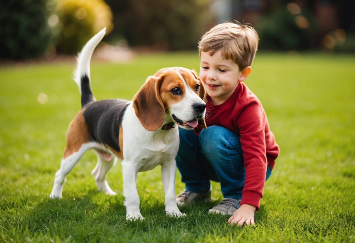A beagle playing gently with a smiling child in a grassy yard