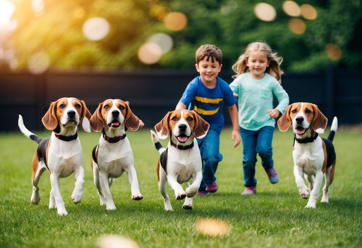 A group of beagles playing happily with children in a spacious, fenced-in yard