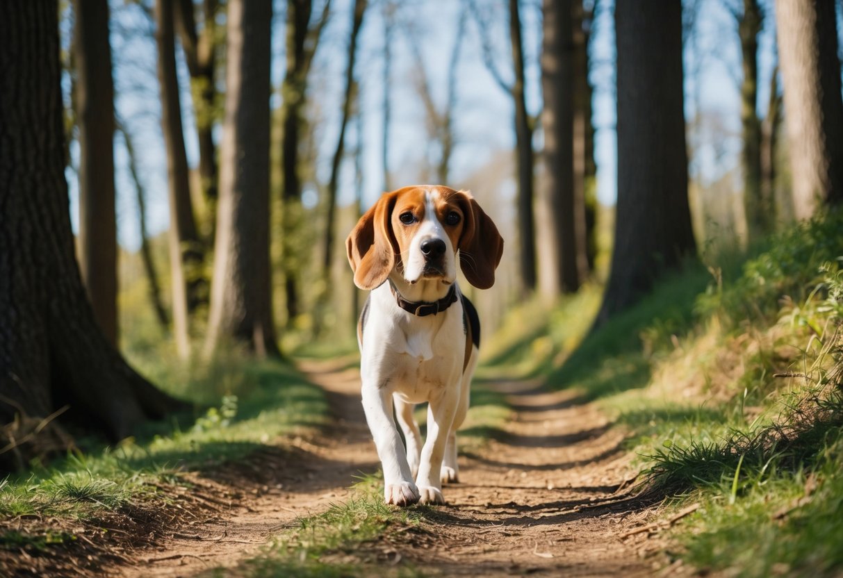 A beagle trots along a winding forest trail, surrounded by tall trees and dappled sunlight