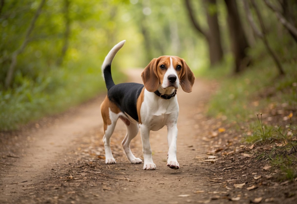 A Beagle walking confidently along a winding forest trail, ears perked and tail wagging, with a gentle breeze rustling the leaves overhead