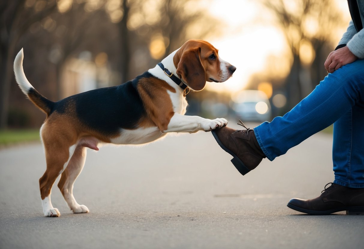 A beagle stands on its hind legs, pawing at someone's leg for attention