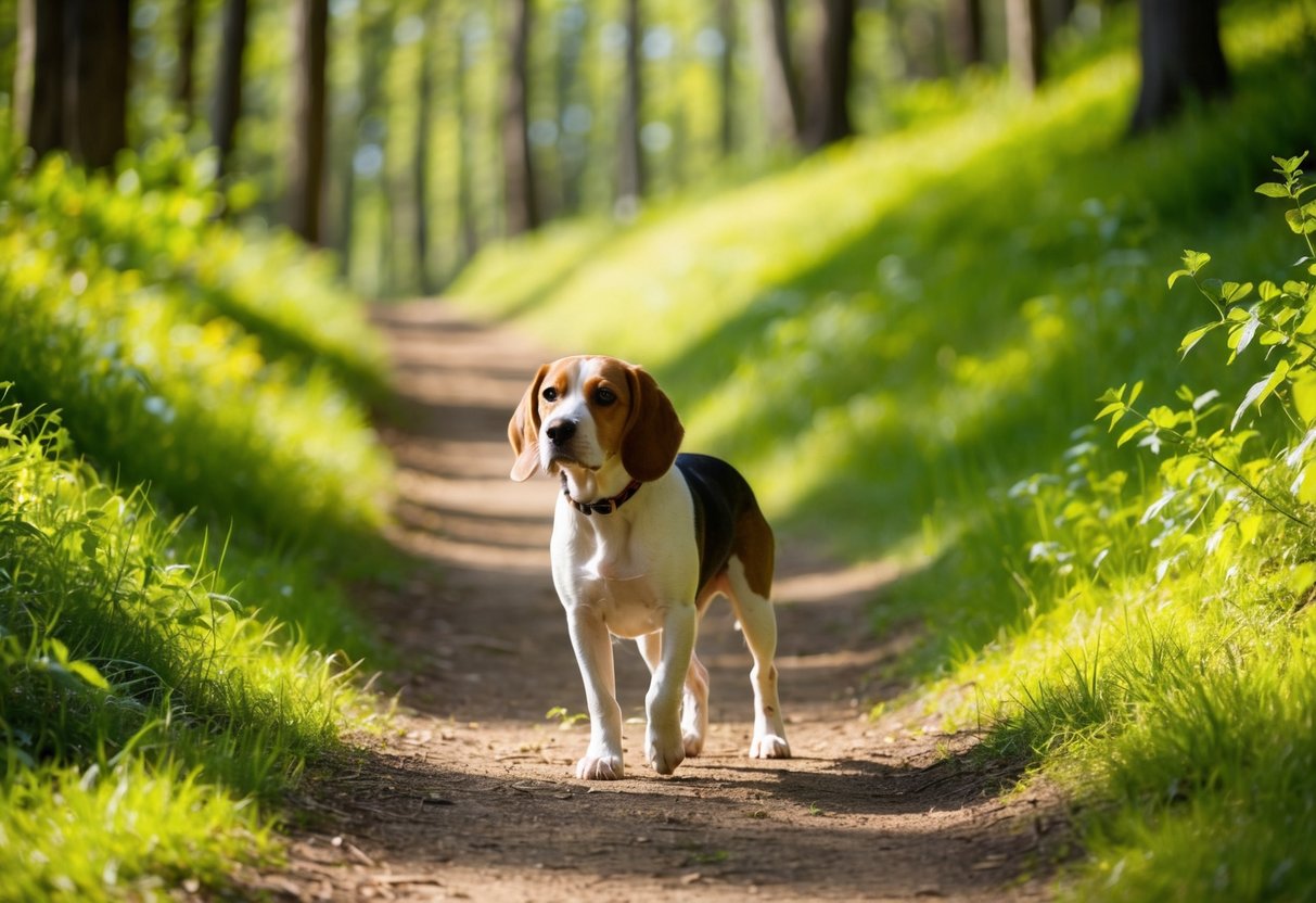 A sunny forest trail with gentle slopes, surrounded by lush greenery and dotted with interesting scents for a beagle to explore