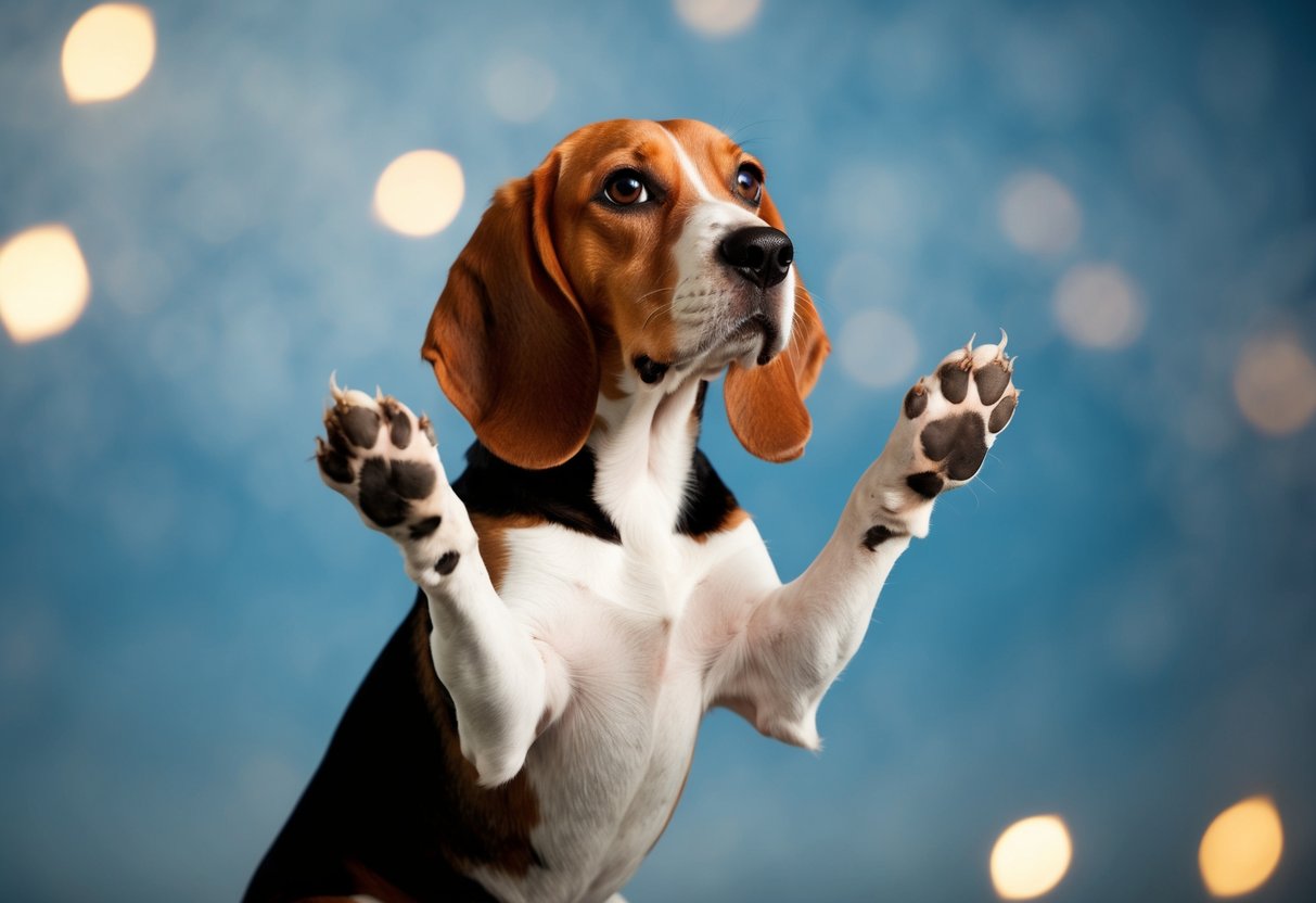 A beagle sits on its hind legs, front paws raised and gently tapping at the air in front of it, looking up with an eager and curious expression