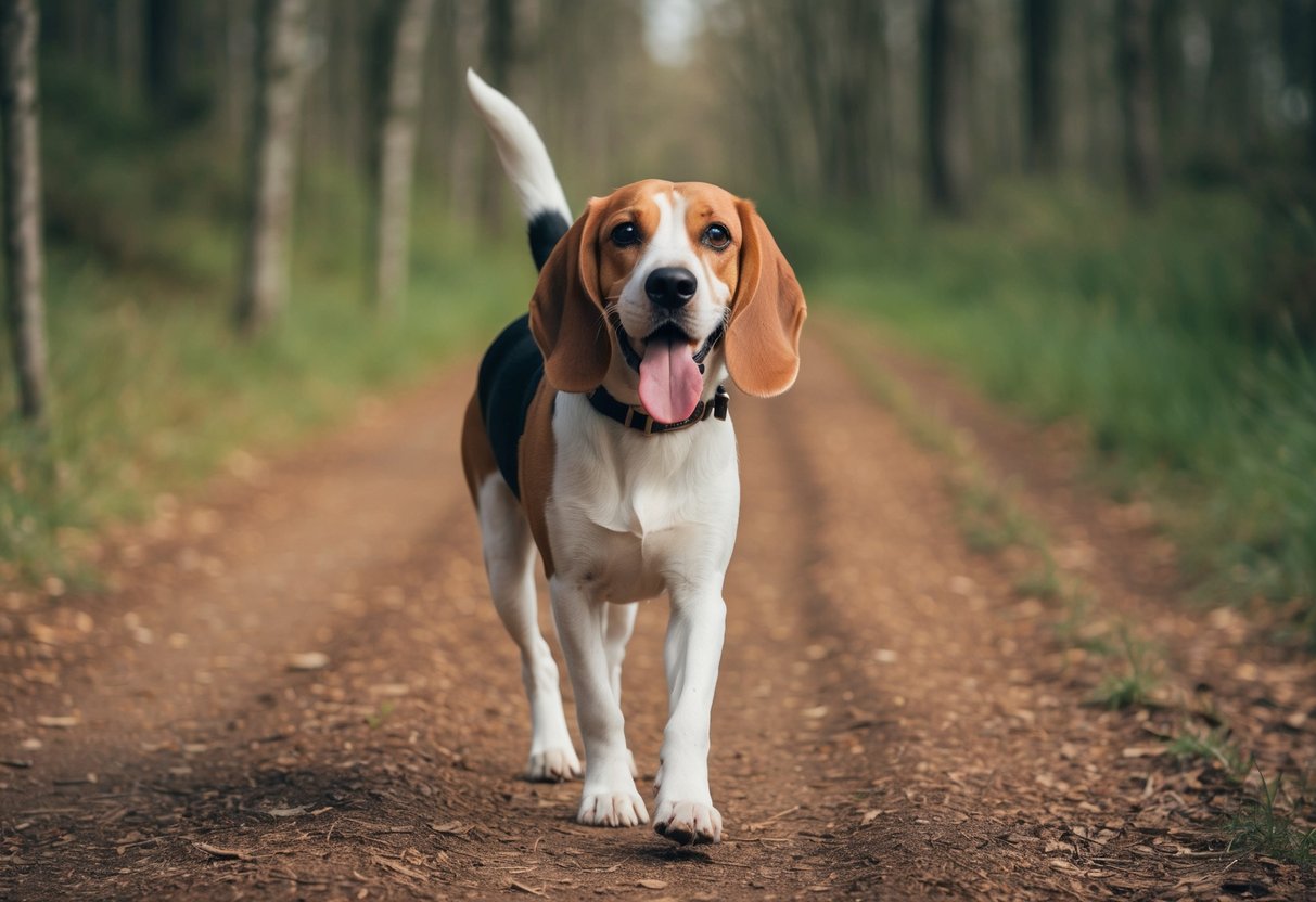A beagle walks along a forest trail, its tongue lolling out happily as it enjoys a long, leisurely stroll through the woods