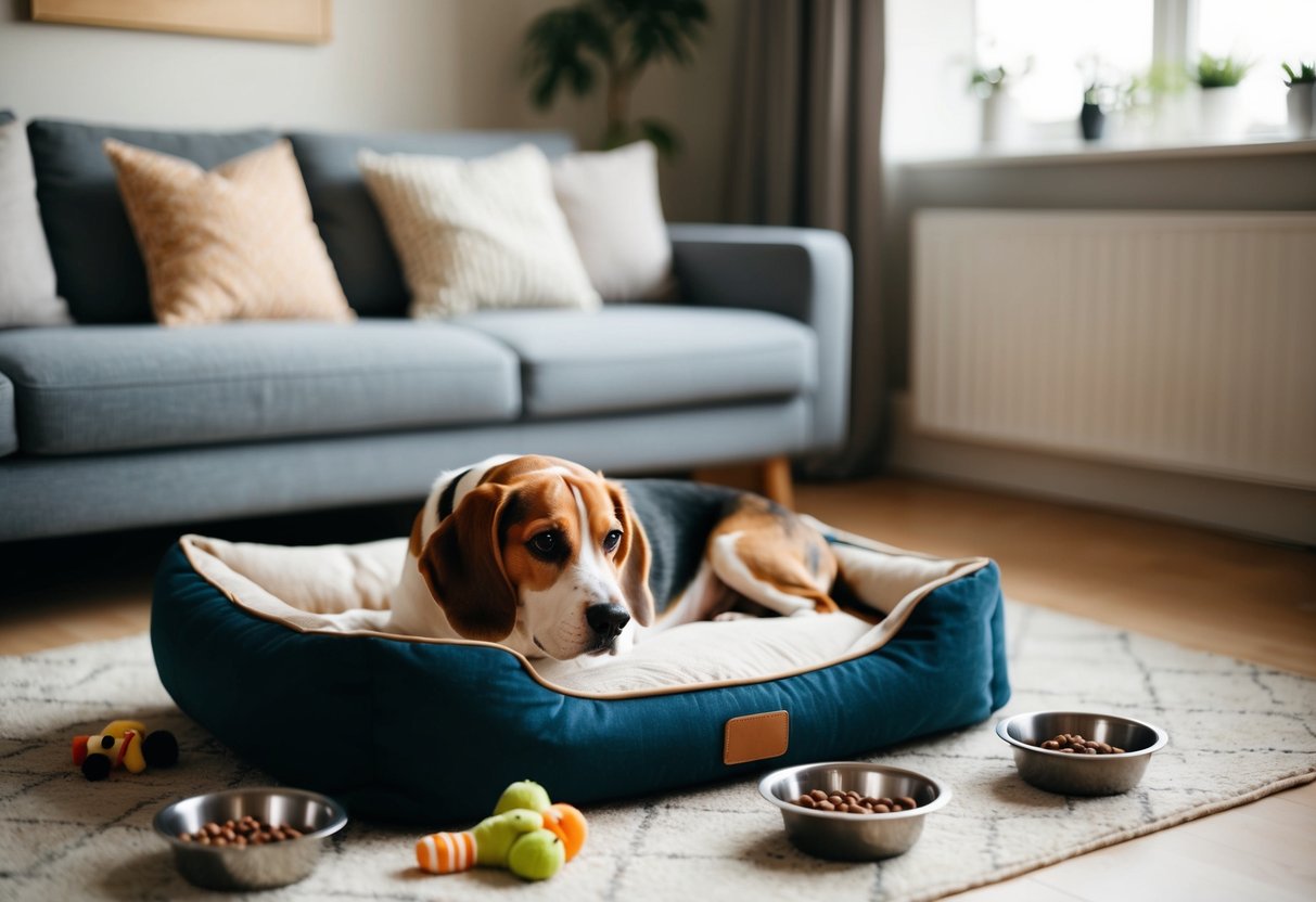 A cozy living room with a comfortable dog bed, food and water bowls, and a few toys scattered around for a beagle