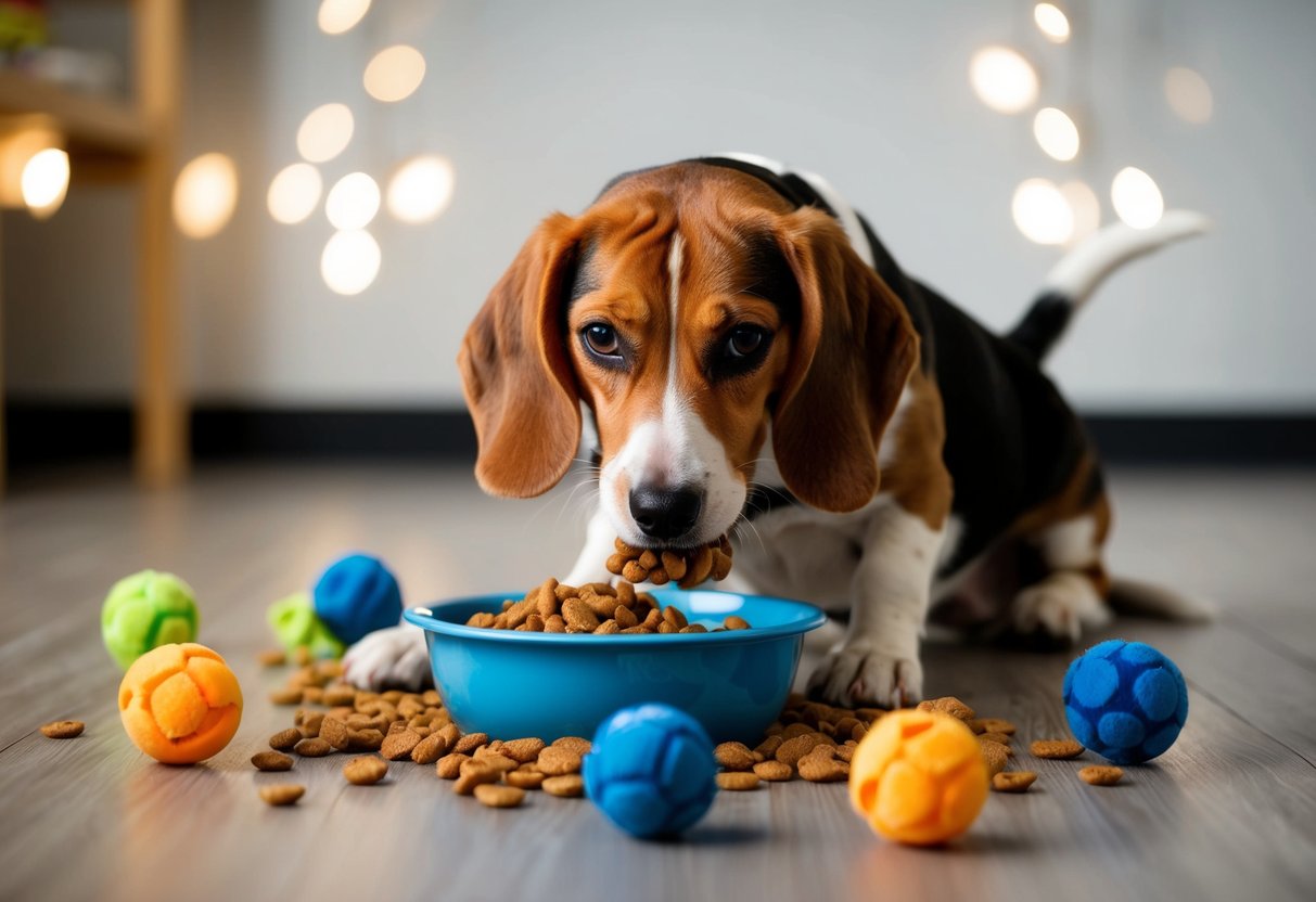A beagle eagerly munches on a bowl of kibble, surrounded by scattered dog toys and a filled water dish