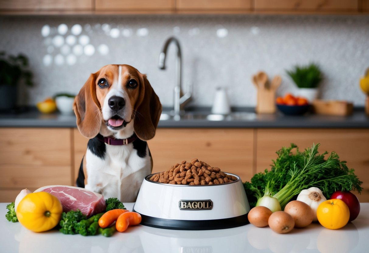 A beagle sits eagerly next to a bowl filled with high-quality dog food, surrounded by various healthy ingredients like lean meat, vegetables, and fruits