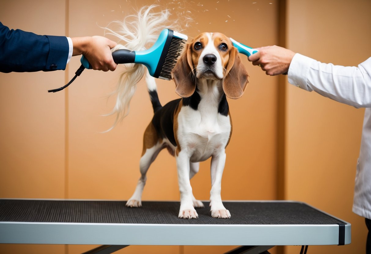 A beagle standing on a grooming table while being brushed with a slicker brush, with fur flying in the air