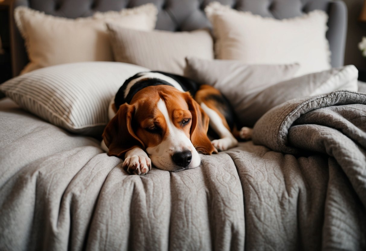 A cozy bedroom with a beagle nestled on a plush bed, surrounded by pillows and blankets, peacefully sleeping