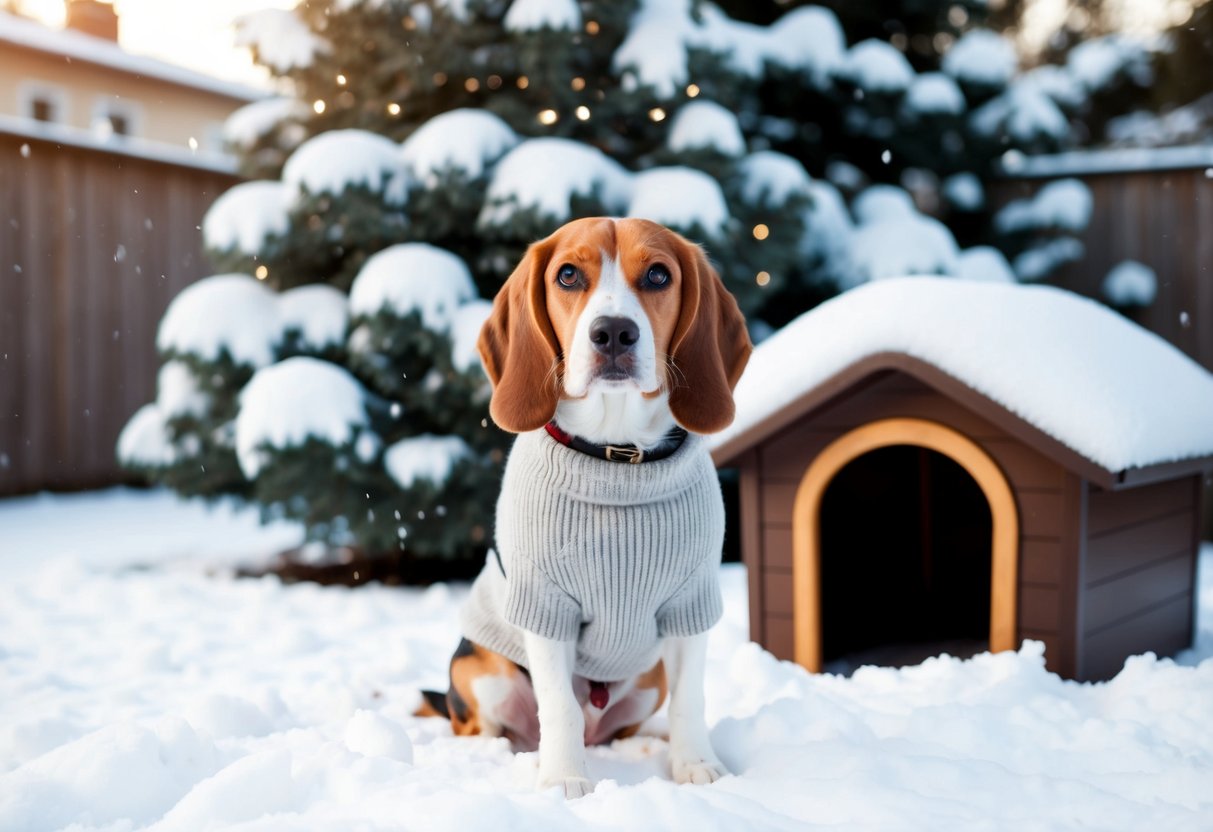 A beagle sits in a snowy backyard, wearing a cozy sweater, surrounded by snow-covered trees and a warm dog house