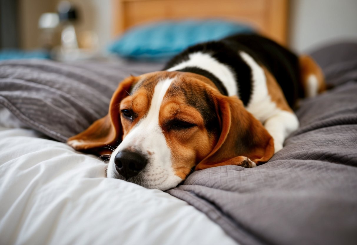 A cozy beagle nestled in a comfortable bed, peacefully sleeping alongside its owner
