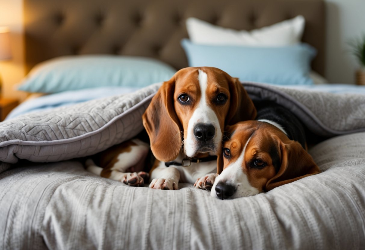 A cozy bedroom with a beagle nestled on a soft bed, snuggled up next to their owner under a warm blanket