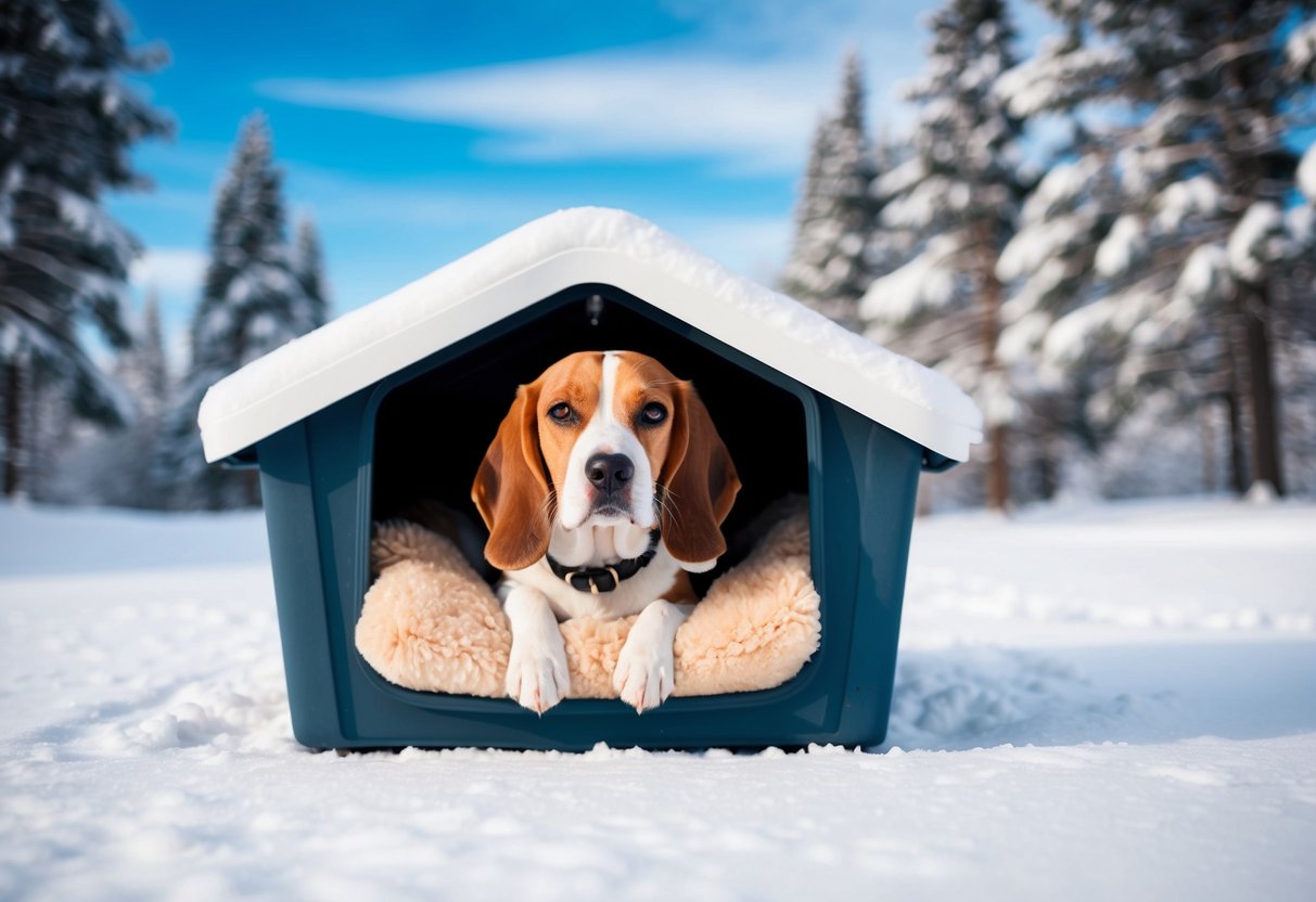 A beagle snuggled in a cozy, insulated doghouse with a fluffy blanket, surrounded by snow-covered trees under a clear, blue sky