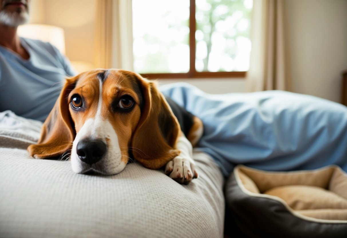 A beagle lays on a cozy bed beside their owner, gazing up with longing eyes. A dog bed nearby offers a compromise