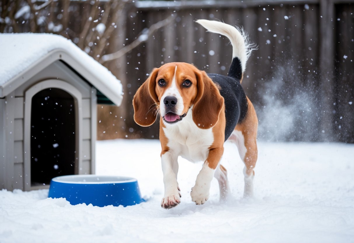 A beagle romps in a snowy backyard, with a cozy doghouse and insulated water bowl nearby. Snowflakes fall gently, and the beagle's breath creates puffs of steam in the crisp winter air