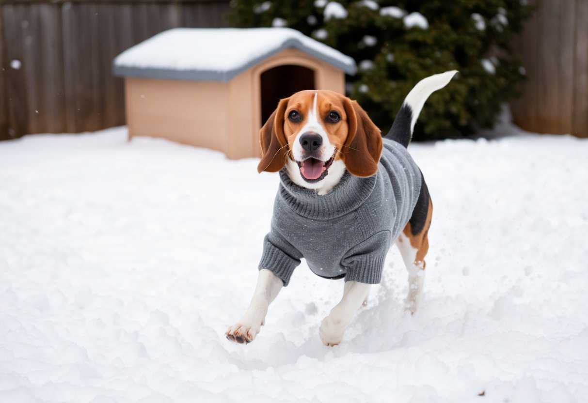 A Beagle romps in a snow-covered backyard, wearing a cozy sweater and wagging its tail happily. A warm, insulated dog house is visible in the background