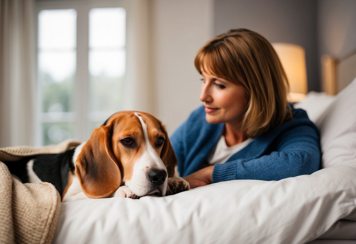 A beagle lies on a cozy bed next to its owner, nestled under a warm blanket. The owner gazes fondly at the dog, contemplating whether to let it sleep with them