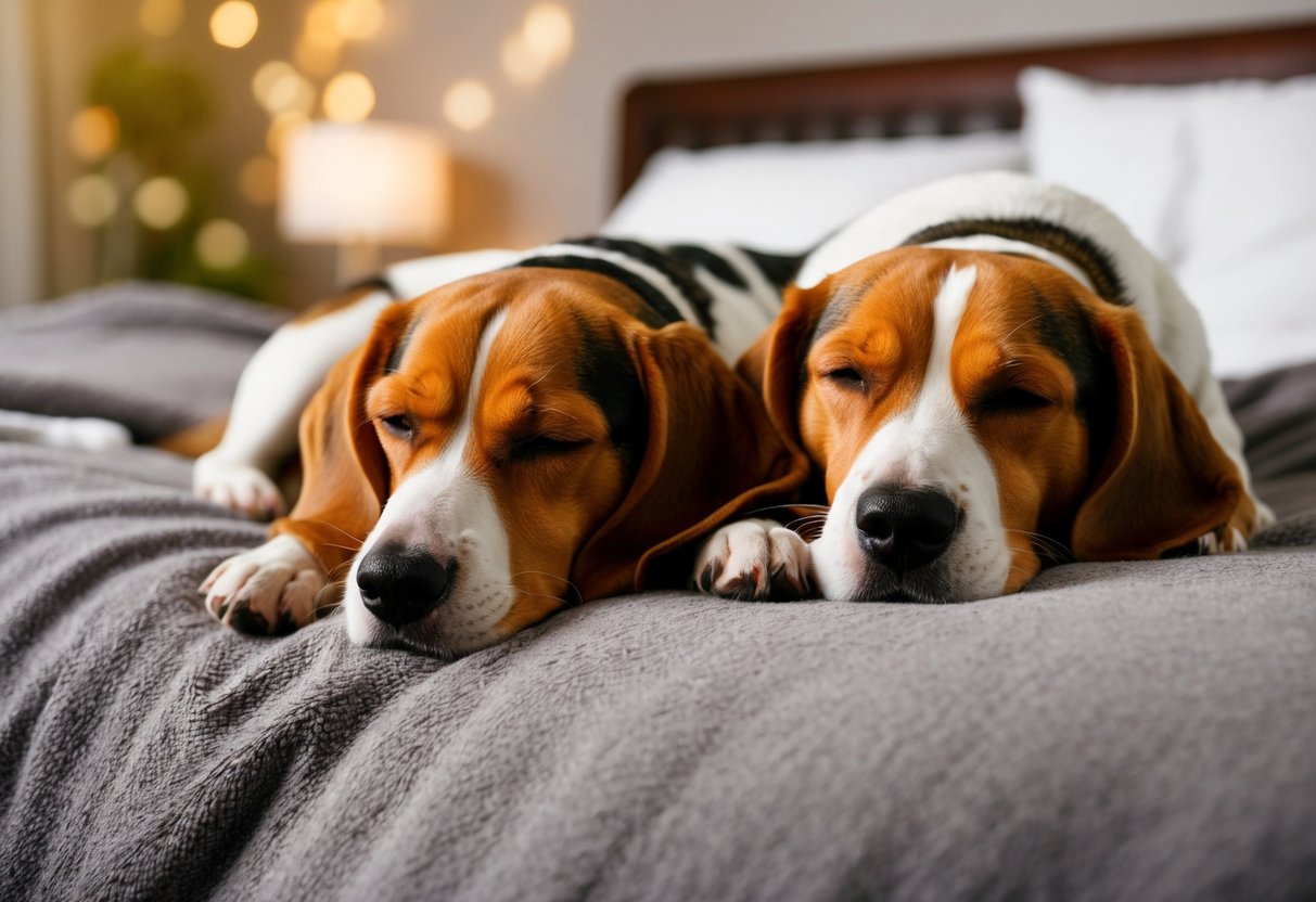 A beagle peacefully sleeps next to their owner, both curled up on a cozy bed, with a sense of comfort and companionship evident in their relaxed posture