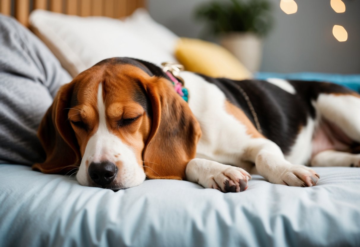 A beagle peacefully sleeping on a cozy bed next to its owner, both looking content and relaxed