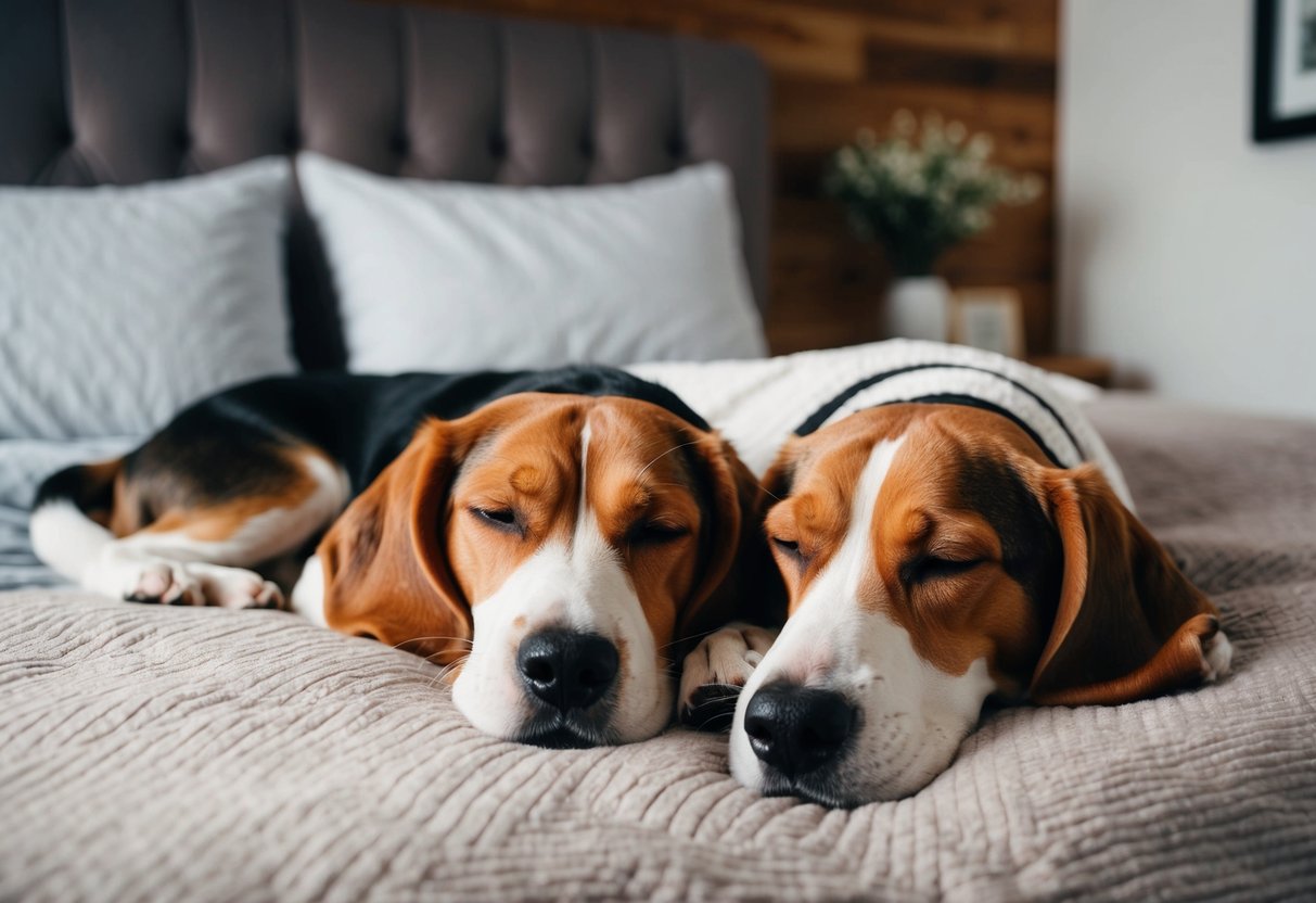 A cozy bedroom with a beagle nestled on a plush bed next to its owner, both peacefully sleeping