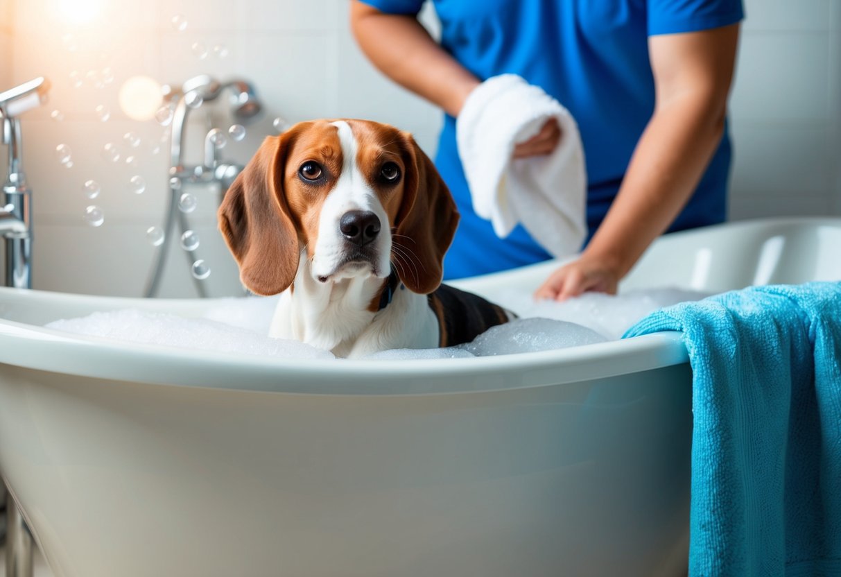 A beagle sits in a bathtub, surrounded by bubbles, with a concerned owner holding a towel nearby