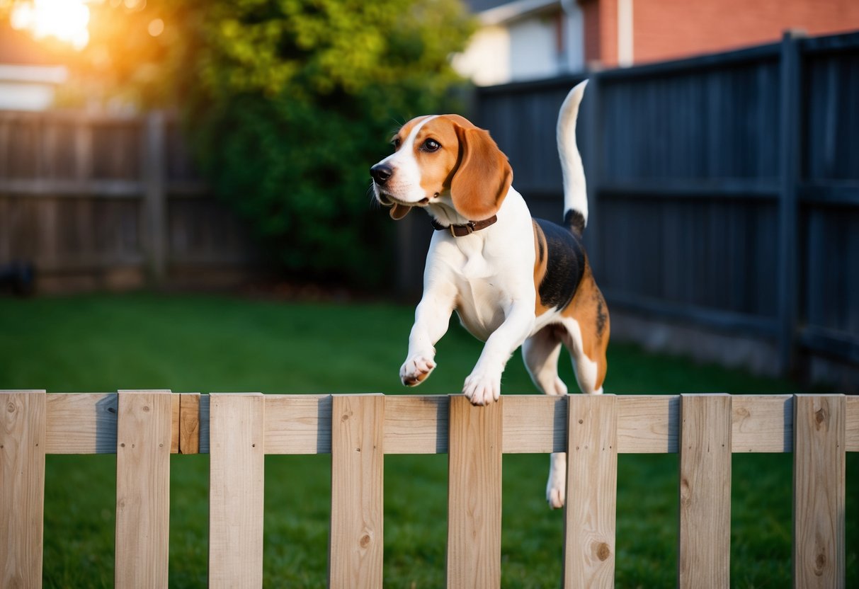 A beagle leaps over a wooden fence in a backyard