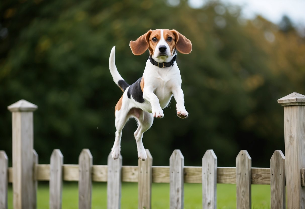 A beagle leaps over a wooden fence with ease, showcasing their impressive jumping abilities