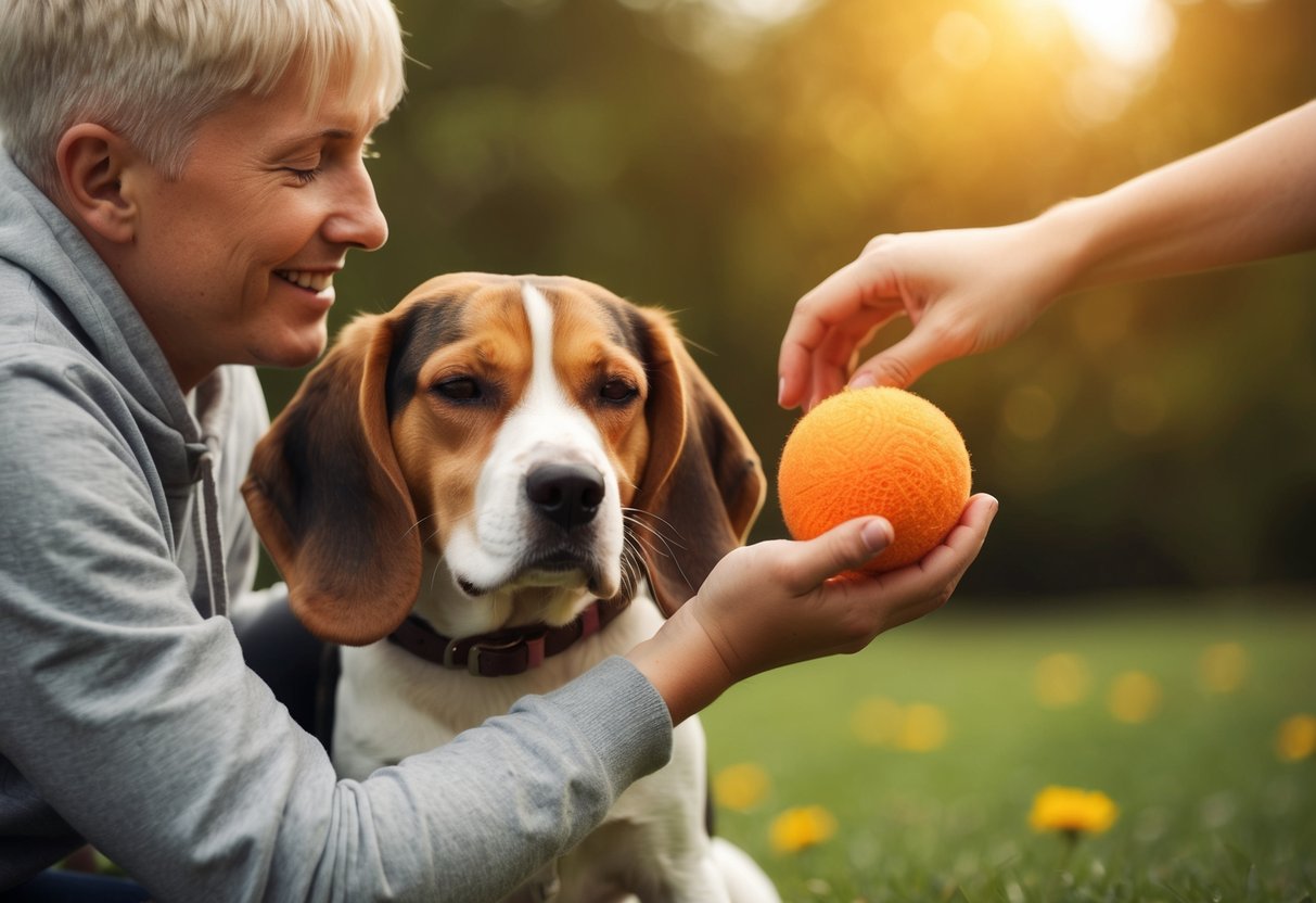 A beagle snuggles up to one person, while another plays fetch with it