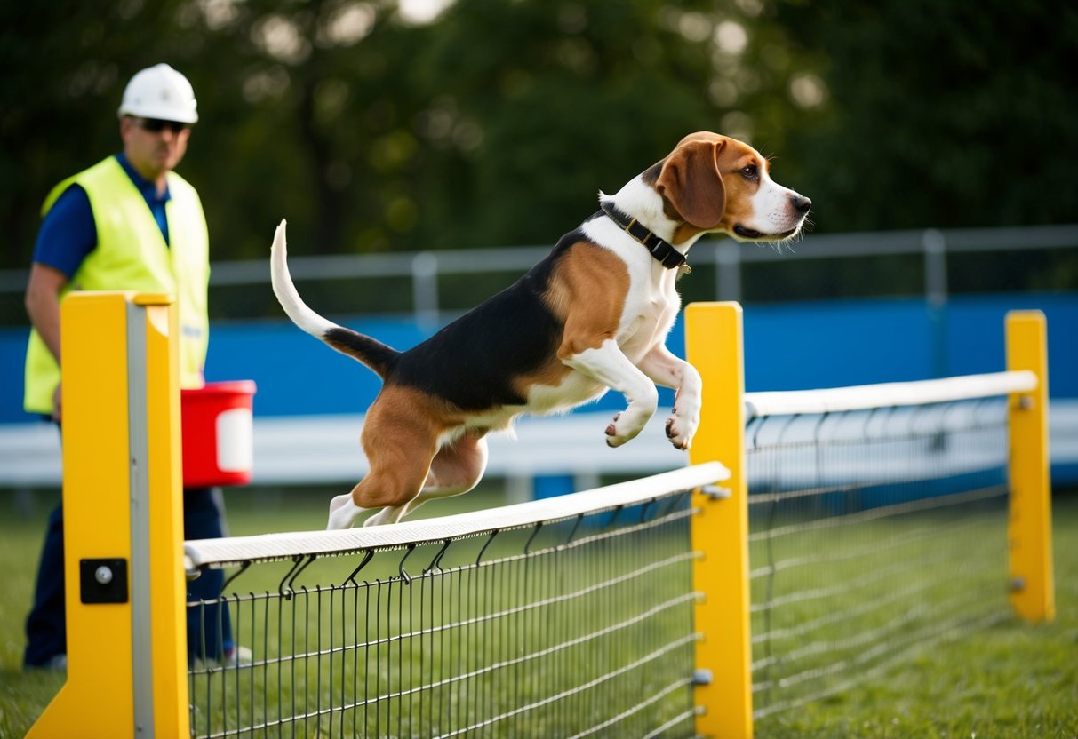 A beagle leaping over a tall fence, with a trainer watching and safety measures in place