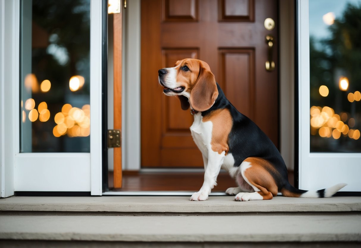 A beagle sits by the front door, eagerly wagging its tail as it looks out the window, waiting for its favorite person to come home