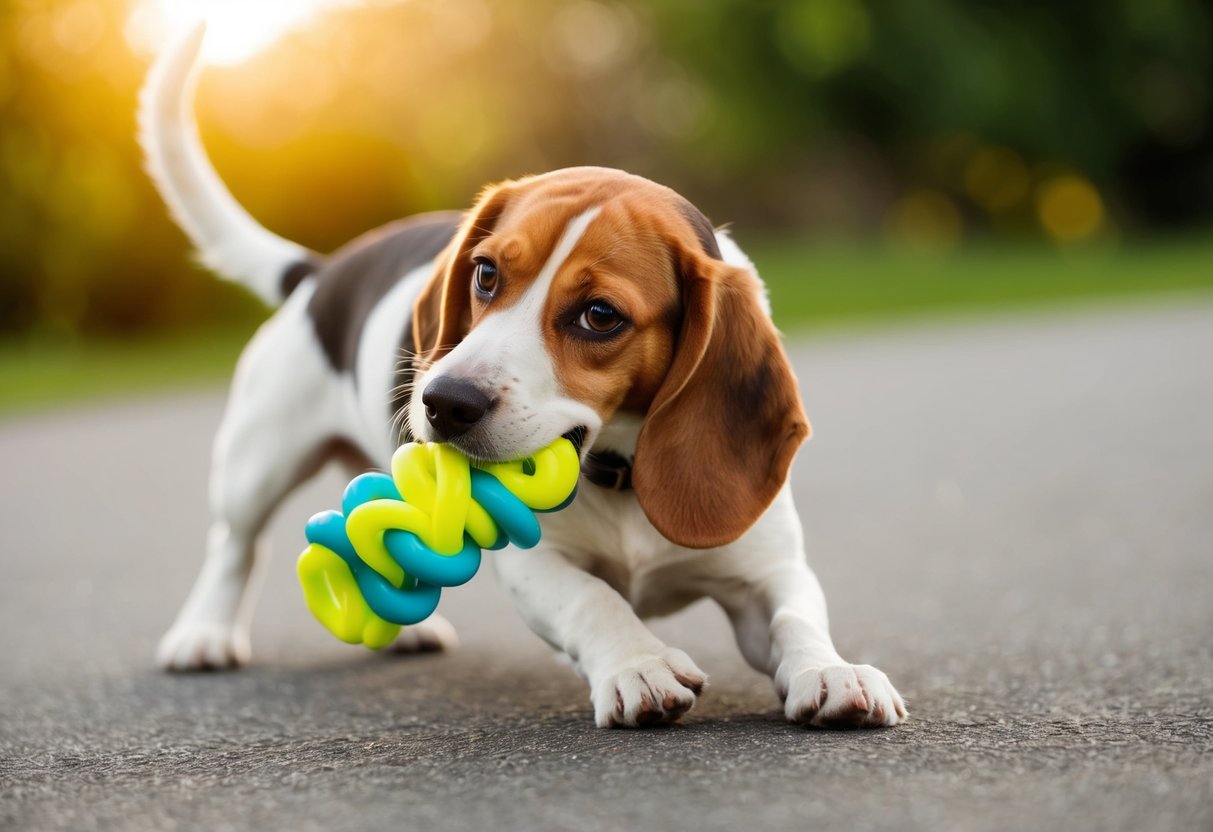 A beagle playfully nips at a chew toy, its tail wagging in excitement