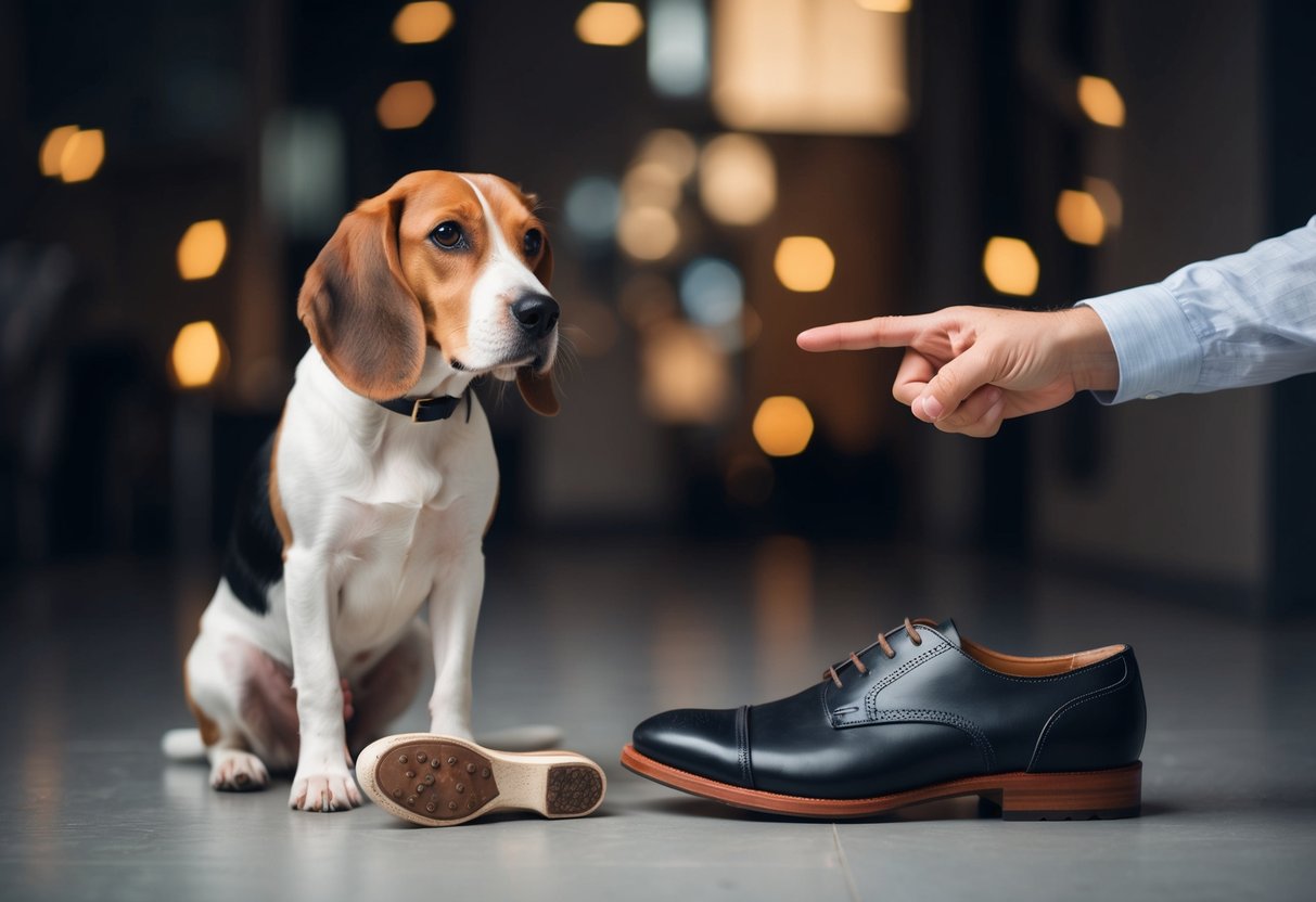 A beagle sits obediently next to a chewed-up shoe, while a stern voice scolds and points a finger