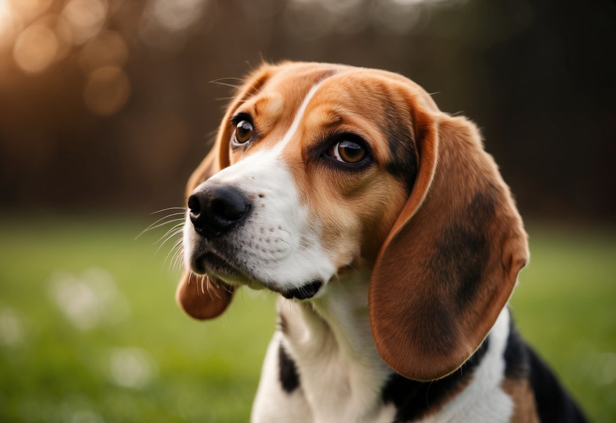 A beagle gazes with curious eyes, head tilted slightly, ears perked up, focused on the viewer with an inquisitive and attentive expression