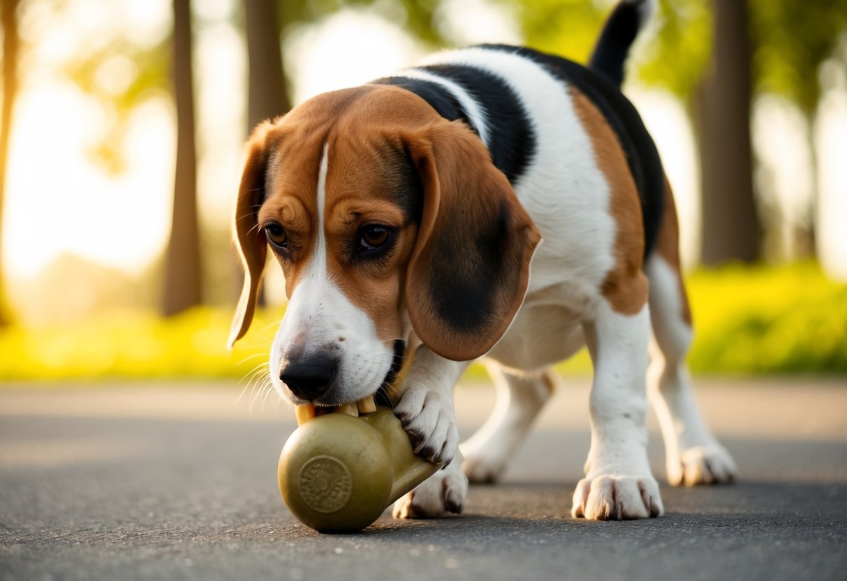 A beagle with a strong bite force compared to other dog breeds, clamping down on a chew toy or bone
