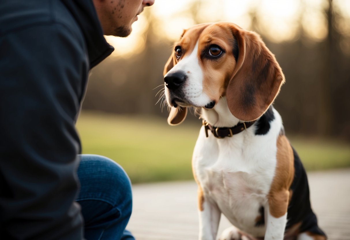 A beagle sitting on its hind legs, gazing intently with its large, soulful eyes fixed on a person, its ears perked up attentively