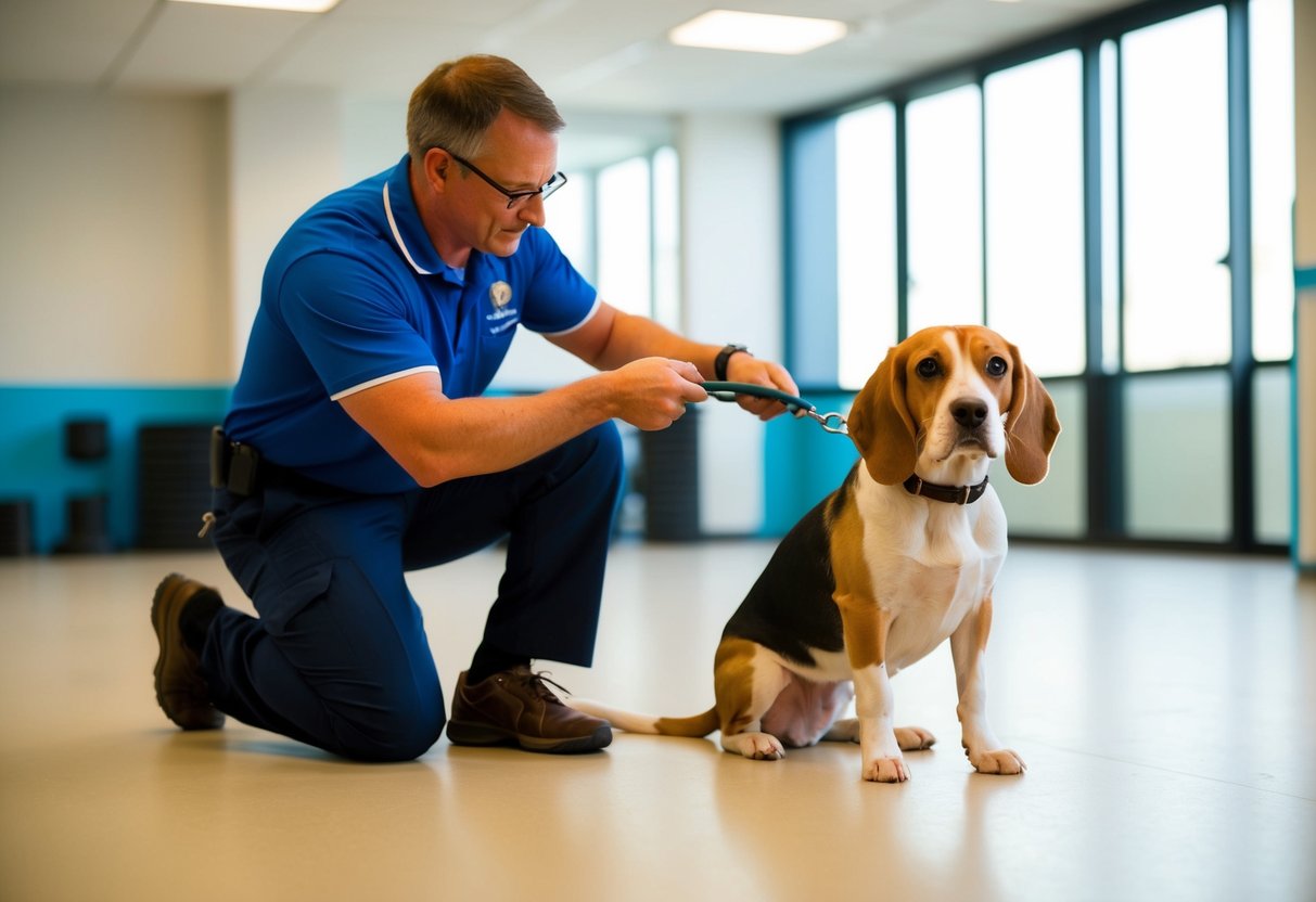 A beagle sits obediently as a professional dog trainer demonstrates discipline techniques in a spacious, well-lit training room