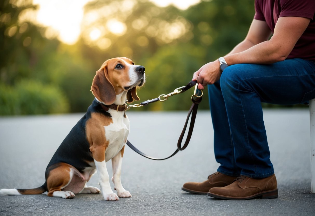 A beagle sits obediently, looking up at its owner, who holds a leash. The owner's posture is confident and relaxed, showing control