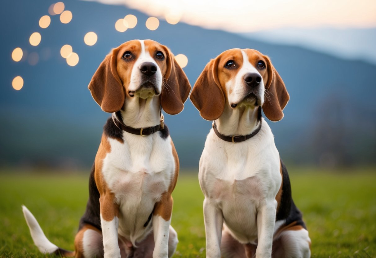 A female and male beagle stand side by side, wagging their tails and looking up with eager eyes