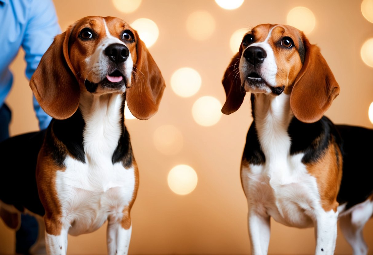 A female and male beagle stand side by side, wagging their tails and looking up at their owner with eager expressions