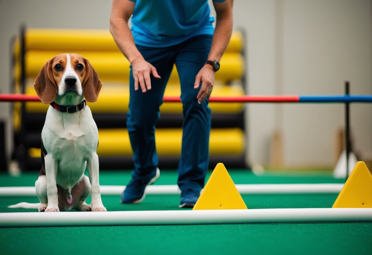 A beagle sits obediently as its owner uses hand signals to guide it through an agility course, showcasing control through exercise and interaction