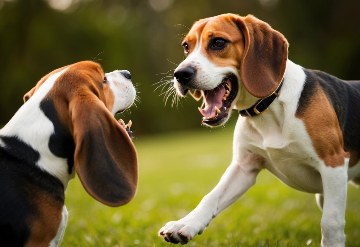 A snarling beagle bares its teeth, ears pinned back, and hackles raised as it lunges towards another dog