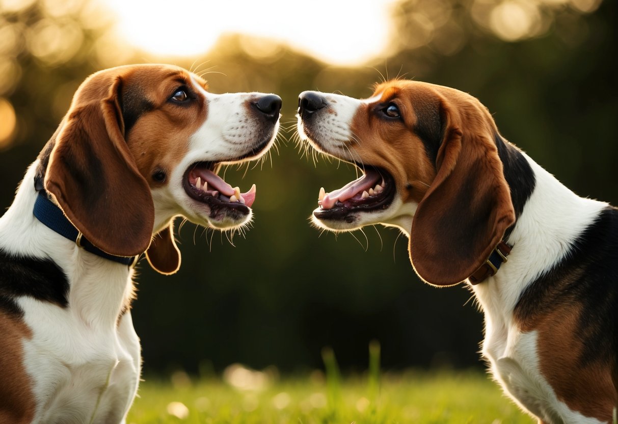 A beagle baring its teeth and growling at another dog, with raised fur and tense body language