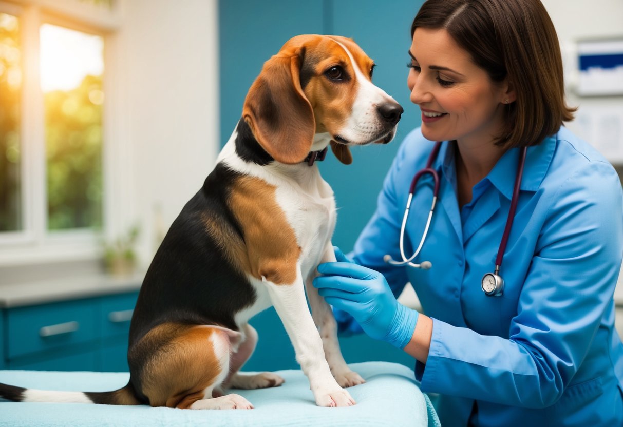 A beagle with weak back legs being supported by a caring owner while receiving medical treatment from a veterinarian