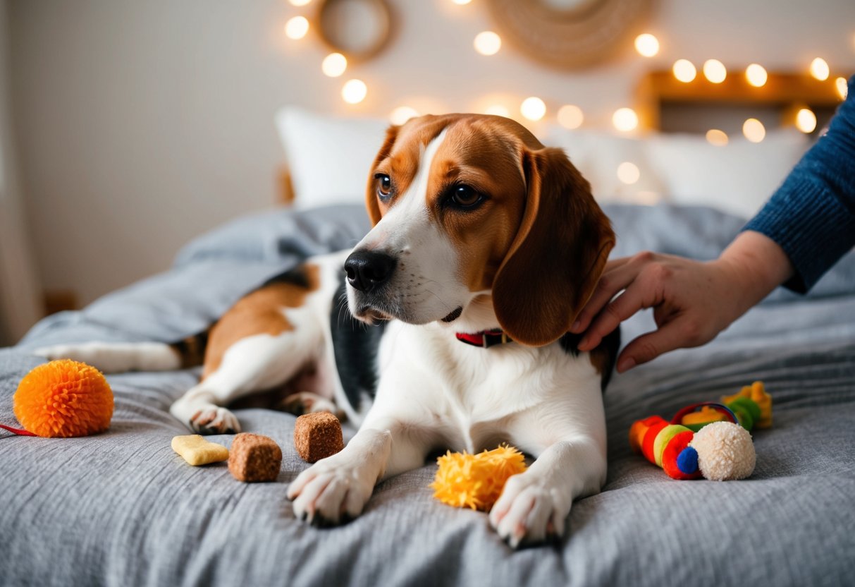 A beagle lying on a cozy bed, surrounded by toys and treats, while a gentle hand strokes its fur. The room is filled with soft lighting and calming music
