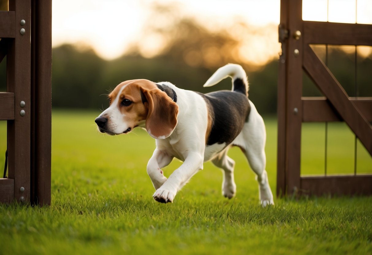 A beagle darts through an open gate, disappearing into the distance